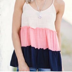 Hopely Colorblock Tiered Tank Top Navy Pink Sleeveless V-Neck Size Small